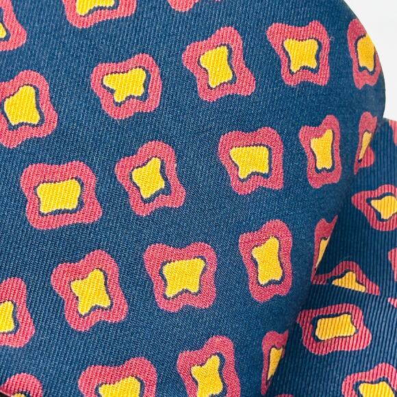 Vintage 90s Paul Stuart Navy Coral Yellow Geometric Silk Necktie - Picture 3 of 7